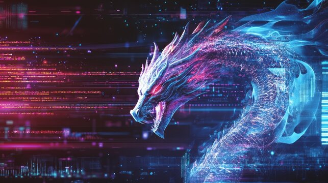 A computer screen displaying dragon code with a digital dragon, symbolizing python programming for data engineering.