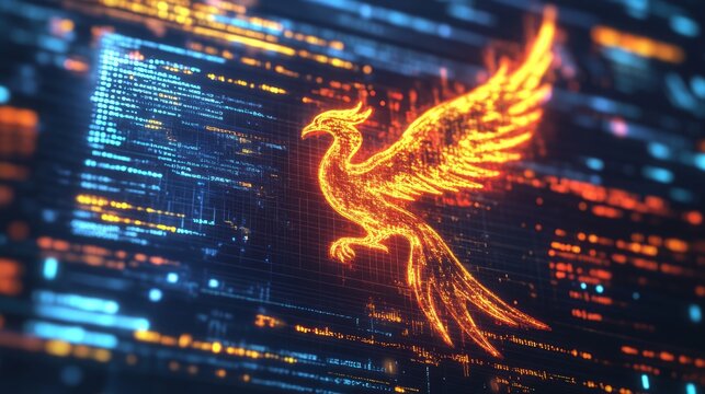 A computer screen displaying phoenix bird code with a digital phoenix bird, symbolizing python programming for data engineering.