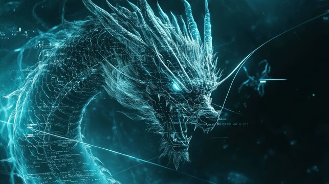 A computer screen displaying dragon code with a digital dragon, symbolizing python programming for data engineering.