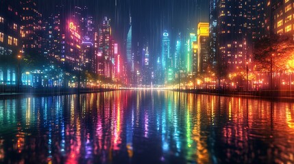 Obraz premium A dynamic city of the future, illuminated by rainbow-hued neon lights, skyscrapers glowing in vibrant colors, rain-soaked streets reflecting the electric hues, photorealistic detail, vivid and bright,
