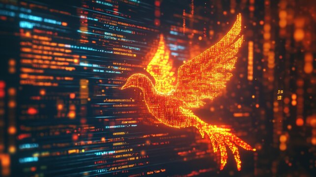 A computer screen displaying phoenix bird code with a digital phoenix bird, symbolizing python programming for data engineering.
