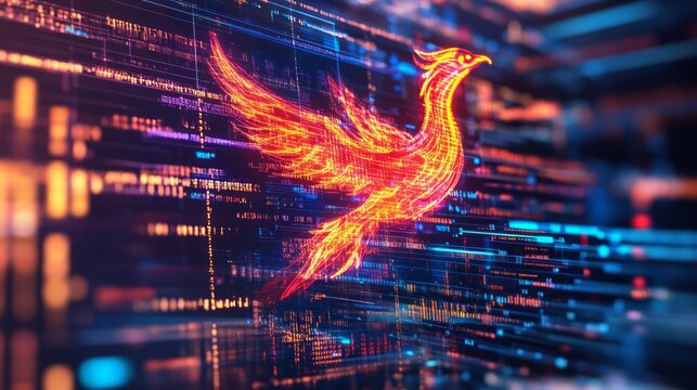 A computer screen displaying phoenix bird code with a digital phoenix bird, symbolizing python programming for data engineering.