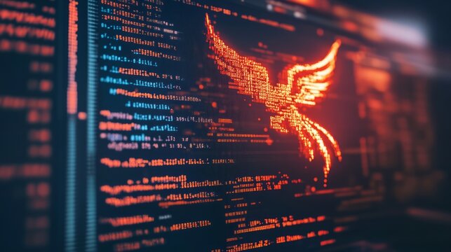 A computer screen displaying phoenix bird code with a digital phoenix bird, symbolizing python programming for data engineering