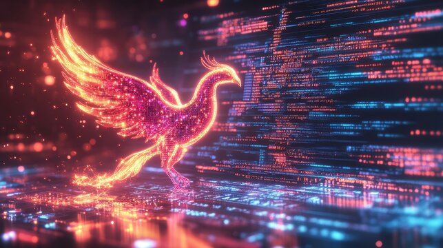 A computer screen displaying phoenix bird code with a digital phoenix bird, symbolizing python programming for data engineering