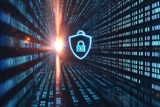 Digital security background with shield icon, binary code, and light effects, representing cybersecurity and data protection