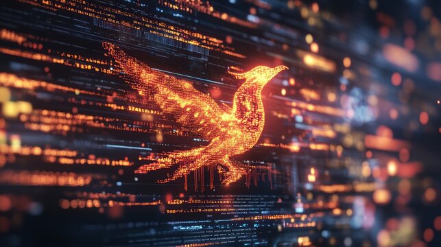 A computer screen displaying phoenix bird code with a digital phoenix bird, symbolizing python programming for data engineering