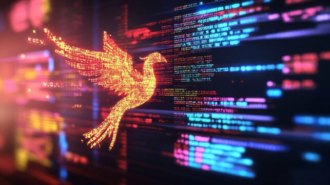 A computer screen displaying phoenix bird code with a digital phoenix bird, symbolizing python programming for data engineering