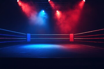 Fototapeta premium Empty boxing ring with spotlights shining down.
