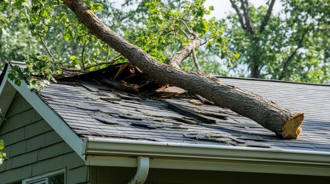 A fallen tree on a house roof after a hurricane, symbolizing storm damage and the need for cleanup and repairs.