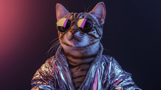 Cat wearing sunglasses : Bengal cat wearing sunglasses and shiny silver suit, stylishly posed