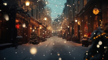 Christmas street at twilight with festive lights and falling snow, perfect for holiday themes with copy space