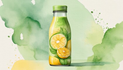 Artistic illustration of a green smoothie bottle with lemons and mint, promoting weight loss