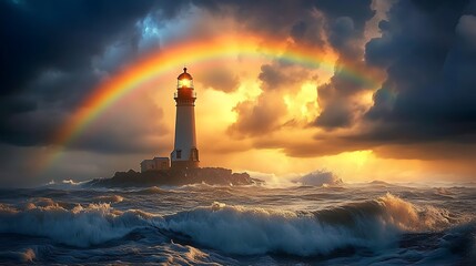 A lighthouse framed by a vivid rainbow against dark storm clouds, sunlight piercing through the gloom, waves splashing on rocky shores, dynamic and dramatic, photorealistic clarity,