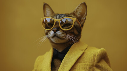 Cat wearing sunglasses : stylish cat wearing yellow glasses and suit against yellow background