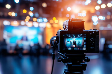Professional video camera recording interview in tv studio. Media, television, technology concept