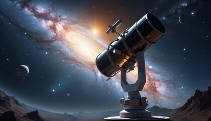 Advanced space telescope positioned on a distant planet with a stunning galaxy backdrop