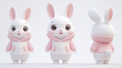 Cute cartoon bunny in pink hoodie, front, side, and back view.