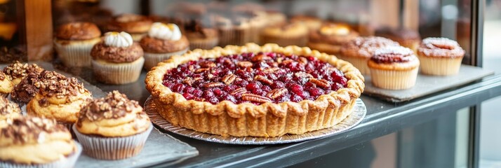 Fototapeta premium Assortment of Freshly Baked Goods Including Muffins and Cranberry Pie on Display in a Bakery Window