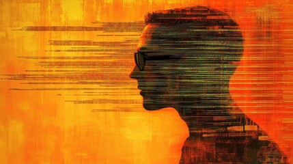 technological literacy, close up, focus on, copy space, vivid colors, double exposure silhouette with futuristic circuit board