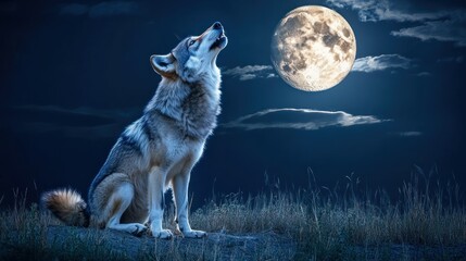 Fototapeta premium A Lone Wolf Howling at the Full Moon in a Night Sky