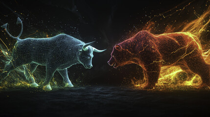Bull and Bear Martket : Neon green bull and deep red bear in fierce standoff, dynamic energy