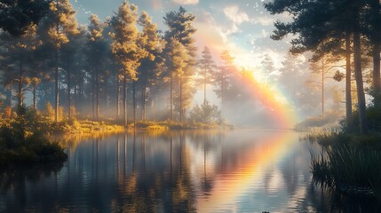 A rainbow reflecting across a still lake in a pine forest, the water perfectly calm, sunlight streaming through the trees, serene and picturesque scene, photorealistic style, vivid colors,