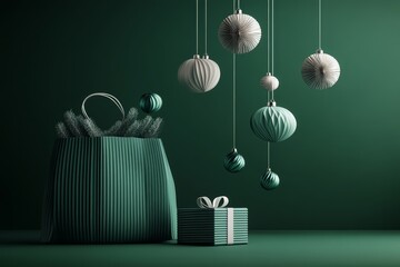 Open gift bag with Christmas decorations floating out, small present box beside, dark emerald and white color scheme, minimalist style, high resolution, C4D OC renderer, poster design for advertising.