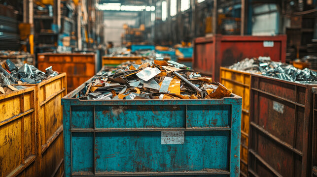 Industrial metal recycling bins filled with scrap materials in a large warehouse
