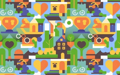 City life pattern. Vibrant urban landscape;  joyful, sustainable community design.  Represents harmony between nature and city living.