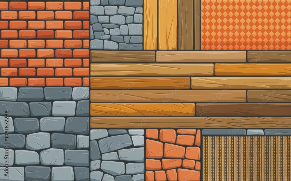Poster brick wood stone textures. diverse building material patterns ideal for game design or backgrounds. 