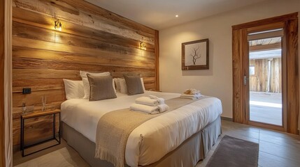 A hotel bedroom interior with decorative wooden wall accents