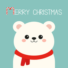 White polar bear in red scarf. Funny smiling face. Merry Christmas. Candy cane. Cute kawaii cartoon baby character. Greeting Card, sticker print. Childish style. Green background. Flat design. Vector