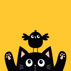 Black kitten cat head face looking at funny bird sitting on head. Pink paw print. Kawaii baby pet animal. Cute cartoon character. Greeting card, sticker print. Flat design. Yellow background. Vector