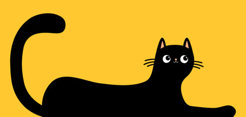 Cute lying cat black silhouette. Long body. Kawaii chilling kitten head face. Happy Halloween. Cartoon baby pet character. Greeting card, banner, sticker print. Flat design. Yellow background. Vector