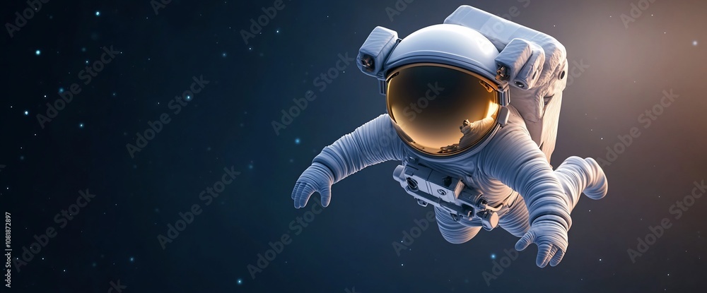 Poster astronaut in space suit floating in space with stars in the background.