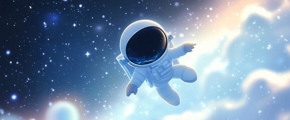 Astronaut floating in space with a starry background.