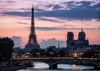 Naklejka premium Elegant Silhouette Photography Against a Stunning Parisian Background at Dusk with Iconic Landmarks, Capturing the Essence of Romance and Beauty in the City of Lights