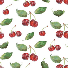 Pattern seamless of cherry bunches with leaves hand drawn in watercolor. Ripe berries on branches of berry bushes, trees. Berries are painted very brightly red, burgundy, purple and green colors. This