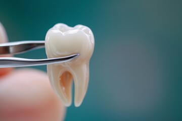 A medium shot of a dentist's hand carefully holding a removed tooth, emphasizing dental surgery, tooth extraction, and professional care in a clinical setting