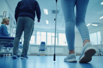A patient practicing walking with a cane as part of their physical rehabilitation process