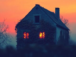 house, close up, focus on, copy space, vivid colors, double exposure silhouette with traditional wooden beams