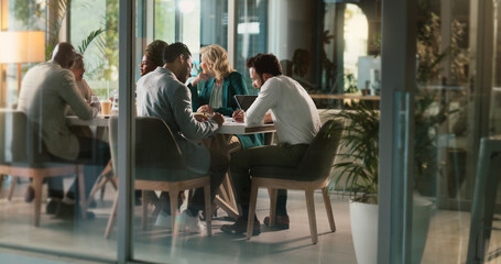 Corporate, people and meeting with laptop in boardroom for project research, teamwork and budget...