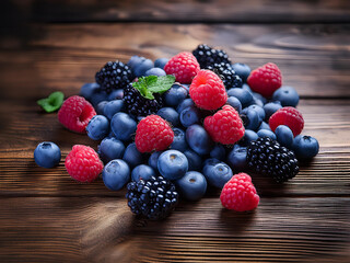 Frutos rojos frescos y ar&aacute;ndanos sobre fondo de madera r&uacute;stica