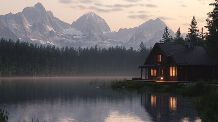 Fototapeta premium A dark-colored house near a still lake with mountains rising in the background