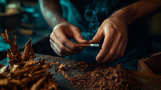A skilled artisan rolls a cigarette using fresh tobacco leaves. The process highlights the craftsmanship involved in traditional tobacco preparation. Generative AI