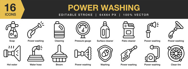 Power Washing icon set. Editable Stroke Icon Collection. Includes broom, clean tire, cleaning, hot water, and More. Outline icons vector collection.