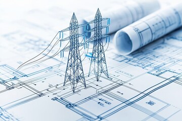 The image features blueprints of power lines and electrical towers, showcasing detailed engineering plans and designs.