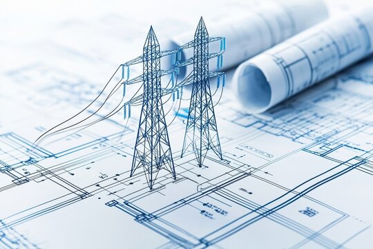 The image features blueprints of power lines and electrical towers, showcasing detailed engineering plans and designs.