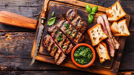 Grilled food, A rustic board of grilled steak slices with chimichu