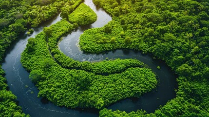 Aerial view of a meandering river through lush green countryside
